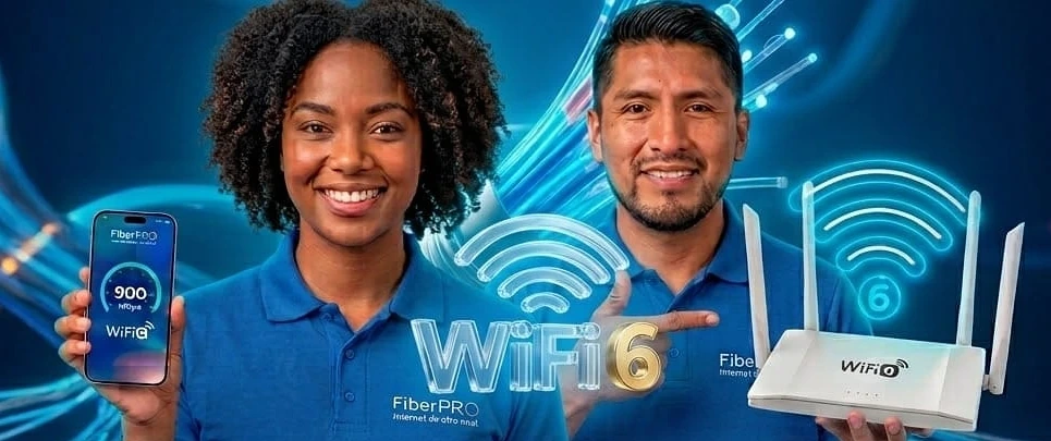 Imagen promocional de asesores FiberPRO con equipo WiFi 6