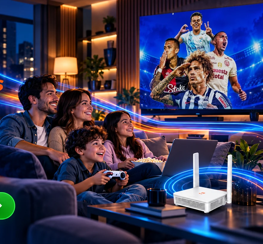 Familia disfrutando televisión y entretenimiento desde la comodidad del hogar
