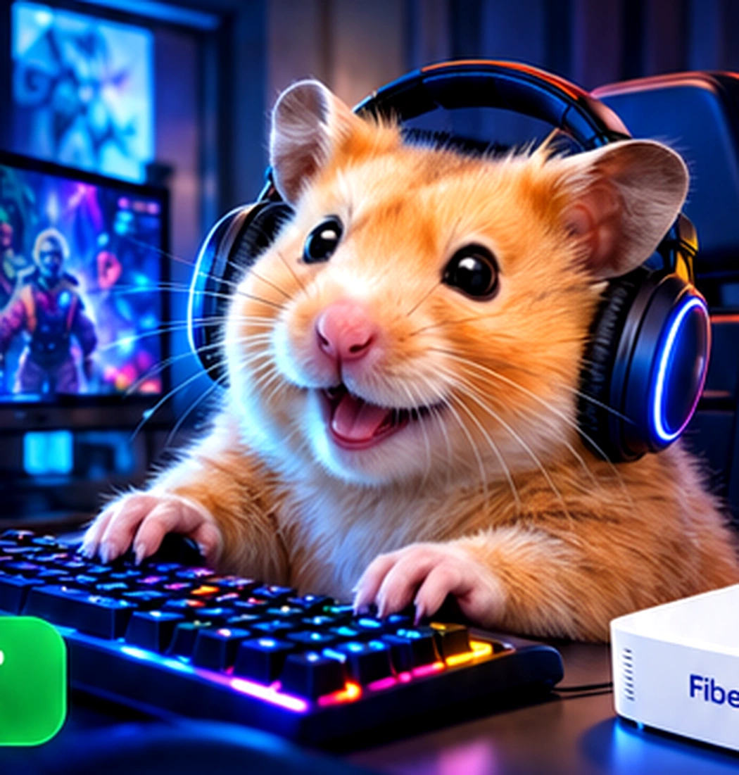 Hámster gamer FiberPRO usando audífonos y teclado
